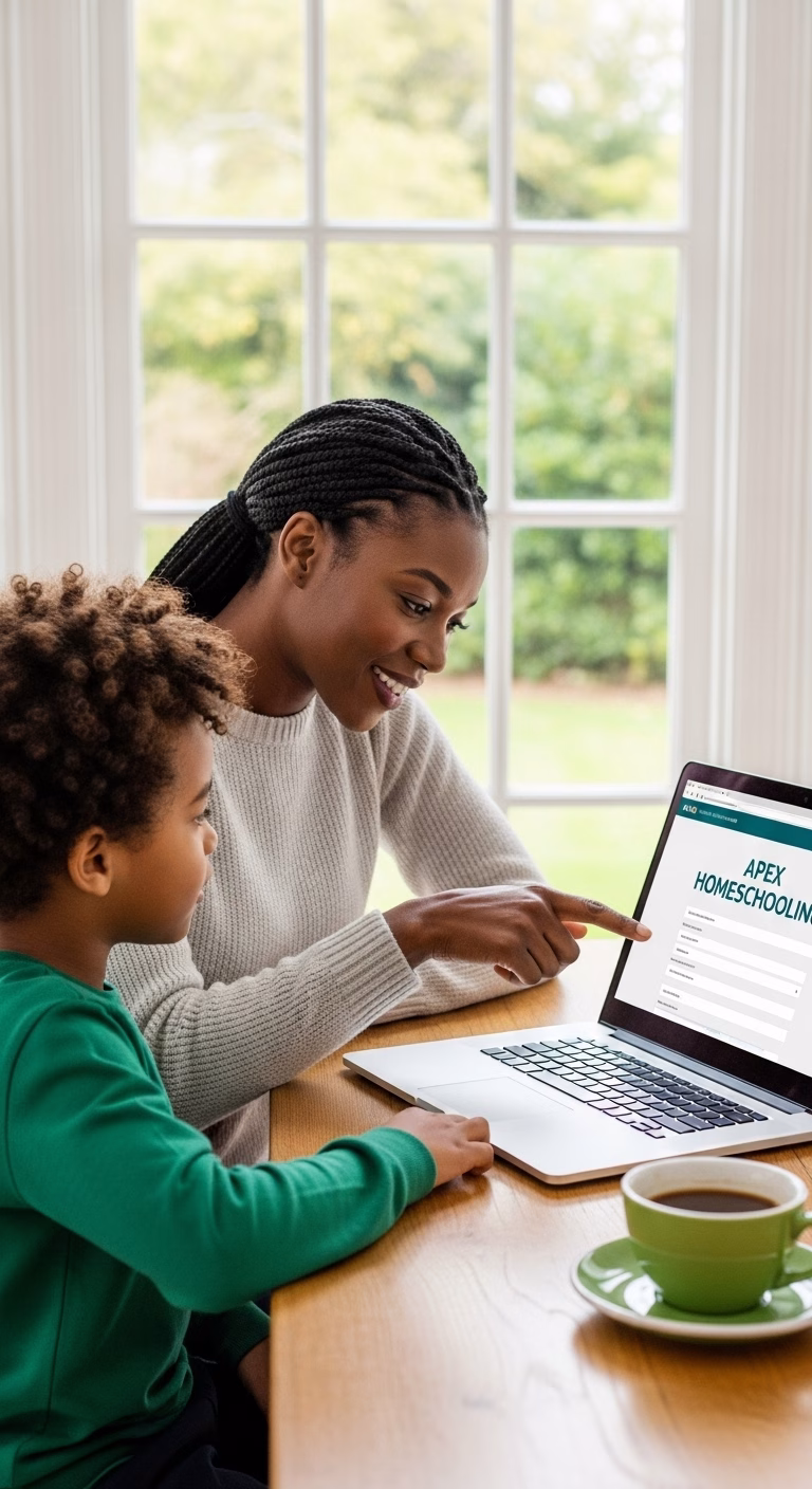 A parent and a young Foundation Phase learner working together on an Apex Homeschooling lesson