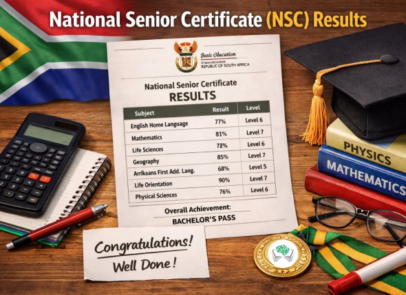 2025 National Senior Certificate matric results sheet with South African flag,