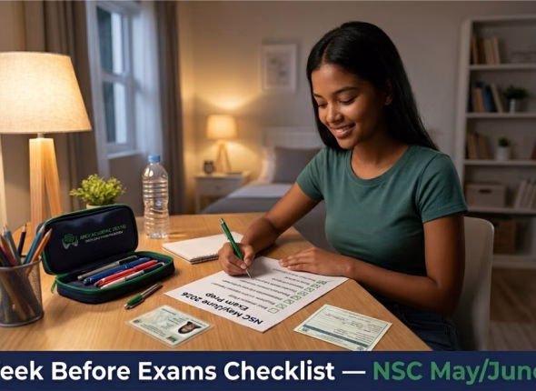 South African matric student with organised desk and exam checklist the week before NSC May June 2026 exams
