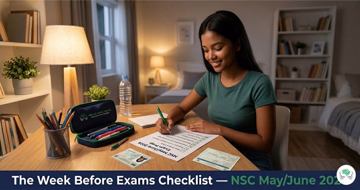South African matric student with organised desk and exam checklist the week before NSC May June 2026 exams