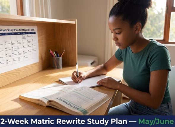 South African matric student studying at a desk with a 2-week study plan for the May/June 2026 NSC rewrite exams