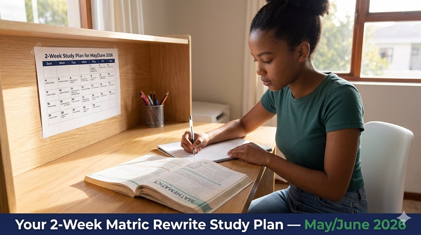 South African matric student studying at a desk with a 2-week study plan for the May/June 2026 NSC rewrite exams