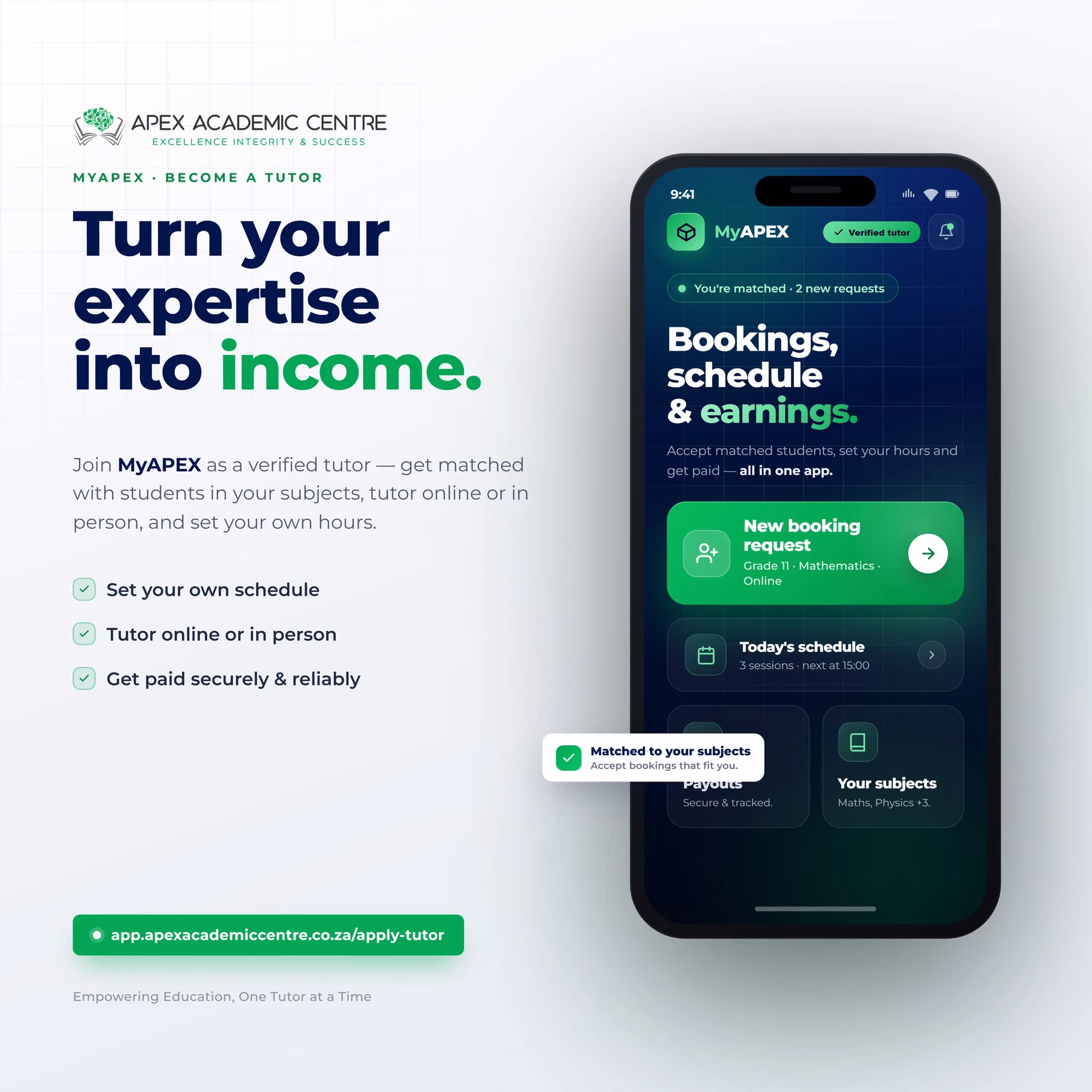 Become a verified tutor with Apex Academic Centre on the MyAPEX app — get matched with students, tutor online or in person, and set your own hours.