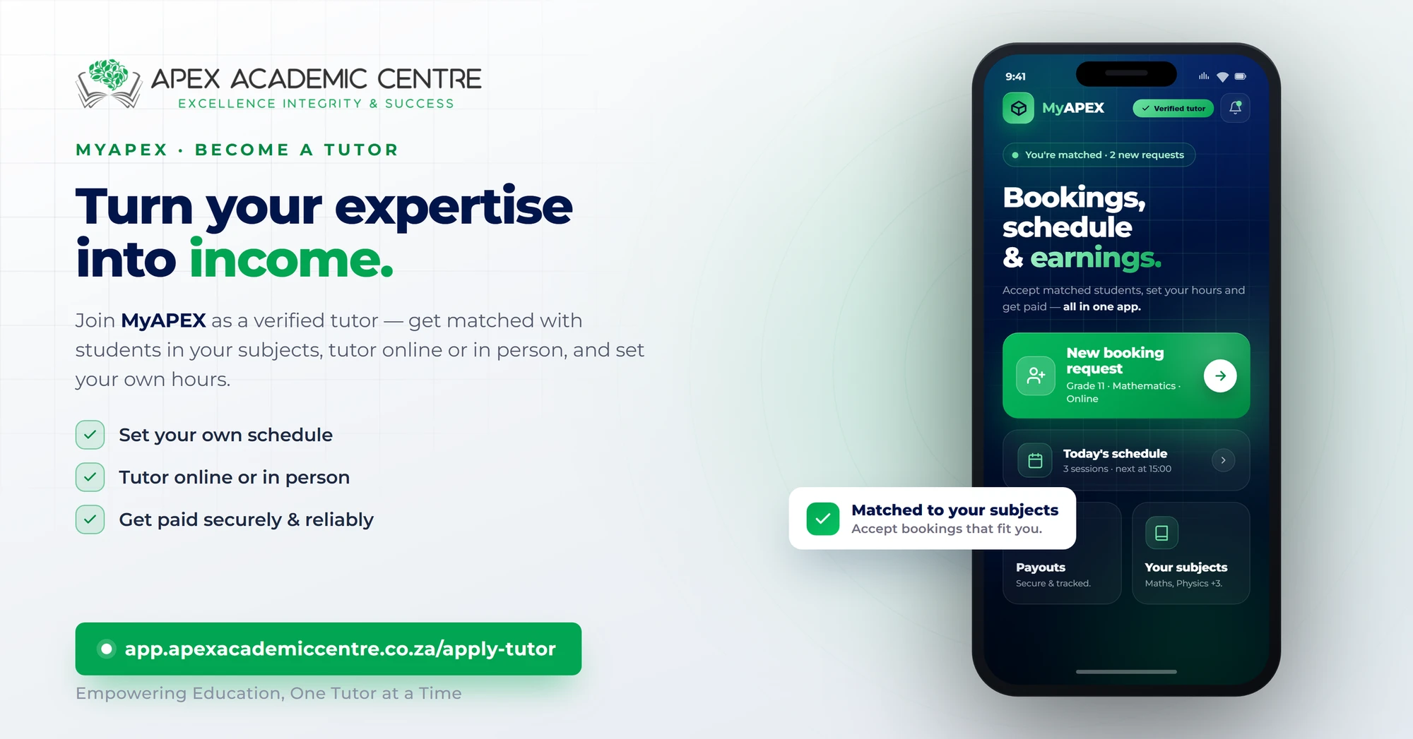 Become a verified tutor with Apex Academic Centre on the MyAPEX app, get matched with students, tutor online or in person, and set your own hours.