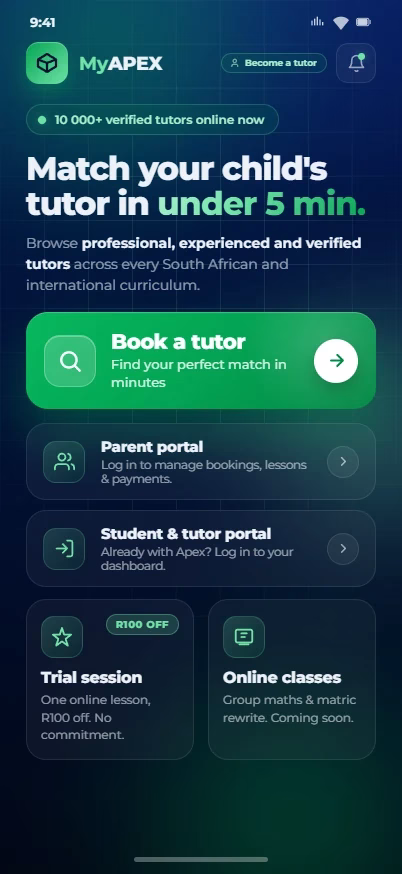 MyAPEX app home screen — match your child's tutor in under 5 minutes