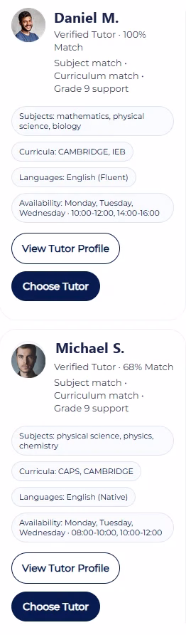 MyAPEX tutor matches — real app screen with example tutor names and photos