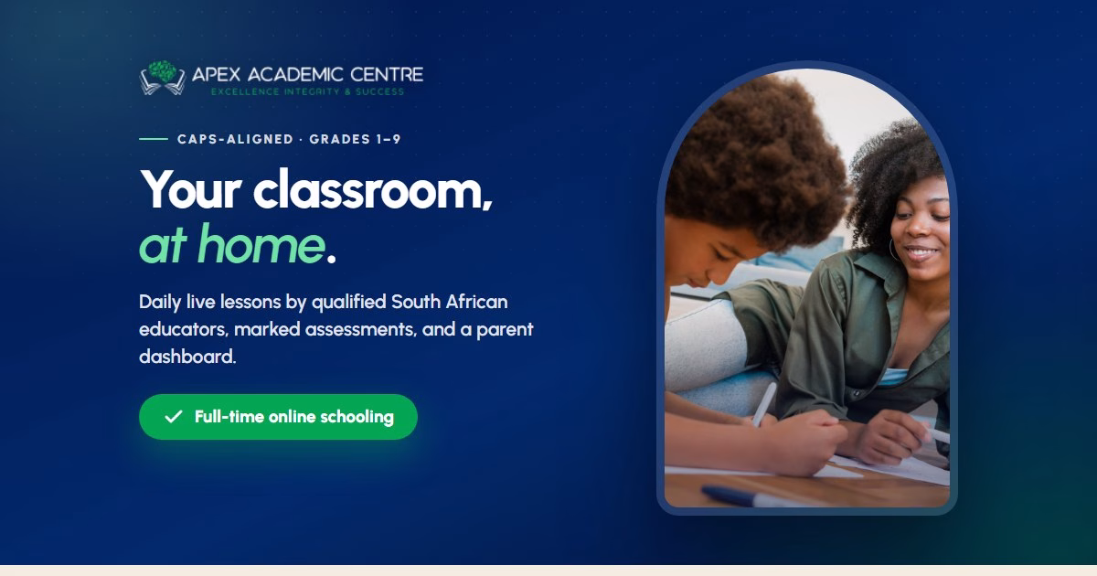 Apex Academic Centre online homeschooling for CAPS Grades 1 to 9, with daily live lessons