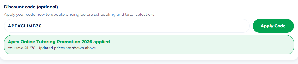 The Discount code field on the Package Selection step of the Apex booking flow, with a code entered, the Apply Code button, and the confirmation that the promotion has been applied.