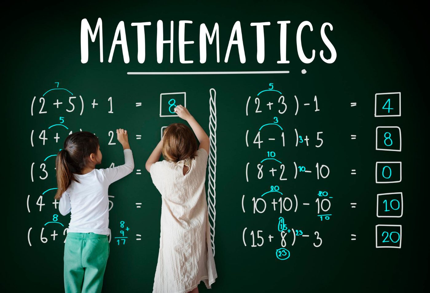 Two learners write answers to maths problems on a green chalkboard.