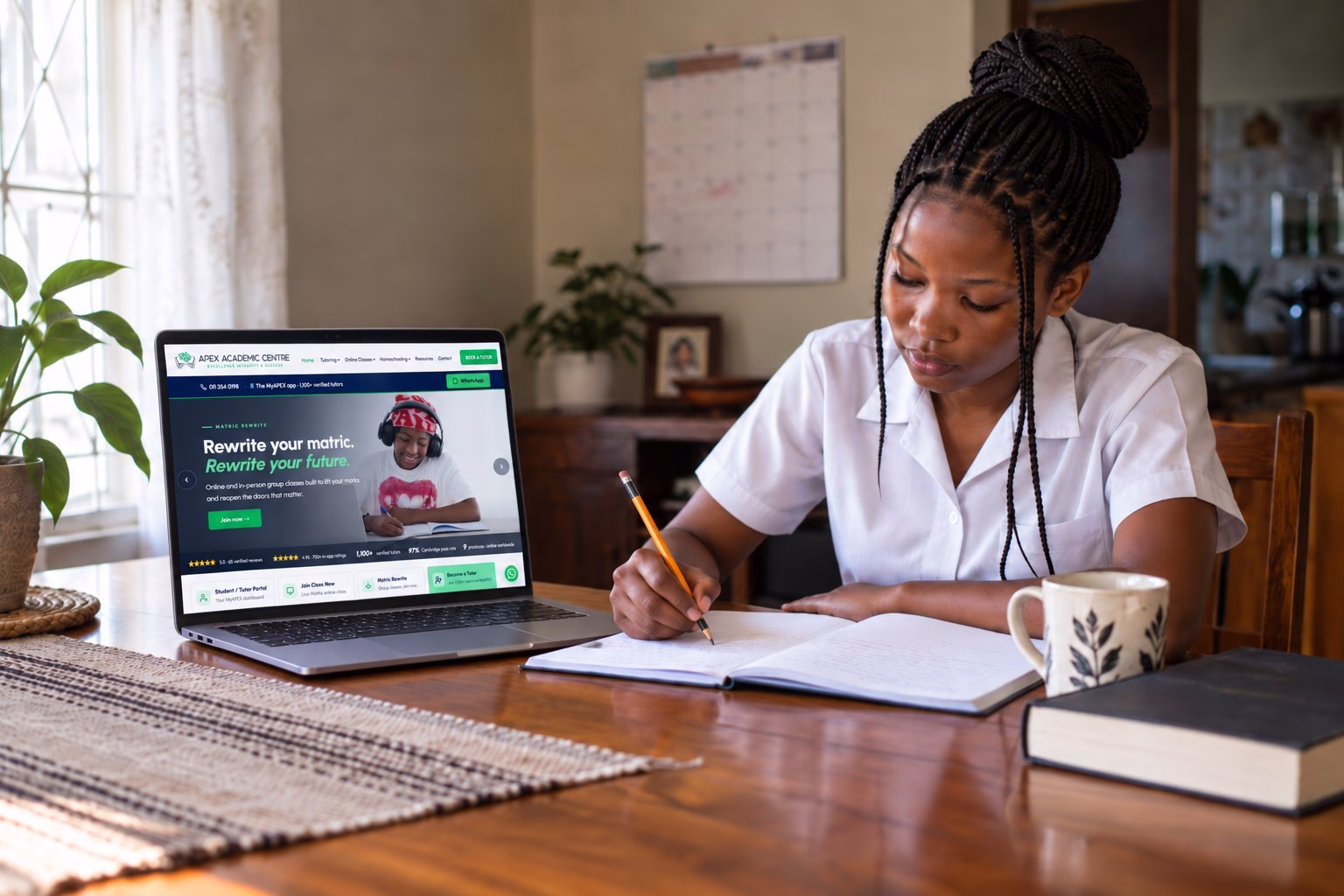 A South African Grade 12 learner in school uniform writing in a notebook at the dining table, with the Apex Academic Centre website open on a laptop beside her