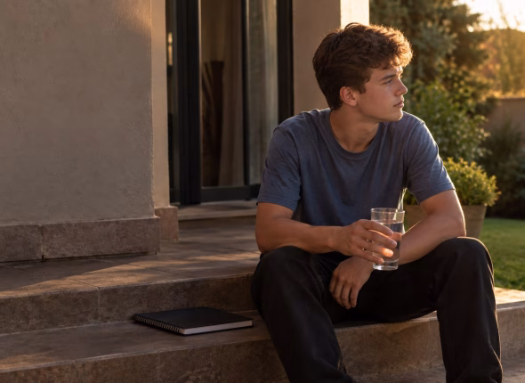 A South African school-leaver sitting on the back step of a house in the late afternoon with a glass of water and a closed notebook beside him