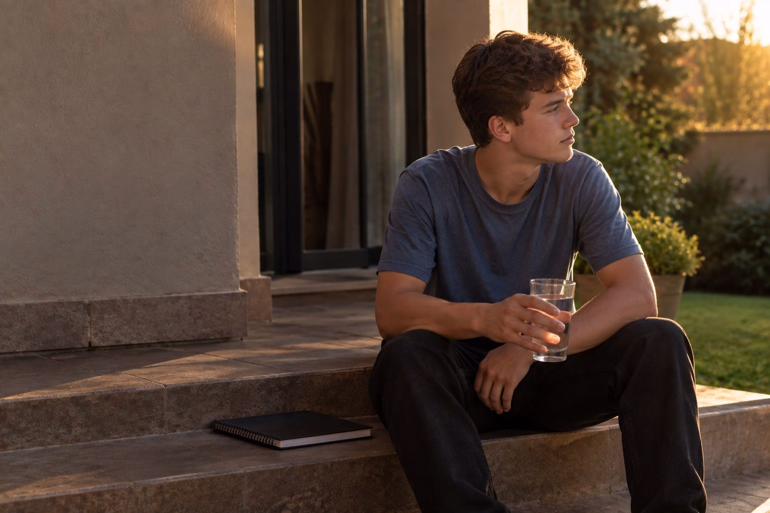 A South African school-leaver sitting on the back step of a house in the late afternoon with a glass of water and a closed notebook beside him