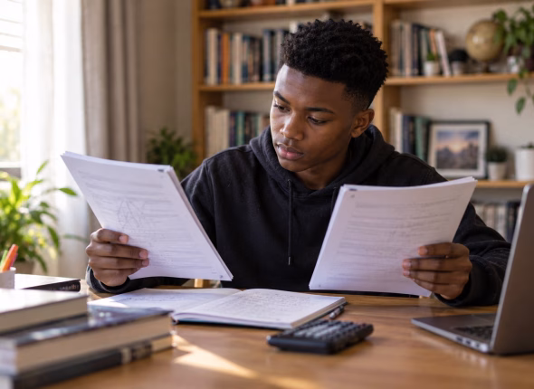 A South African Grade 12 learner at his desk holding two examination papers side by side, comparing them, with a bookshelf behind him