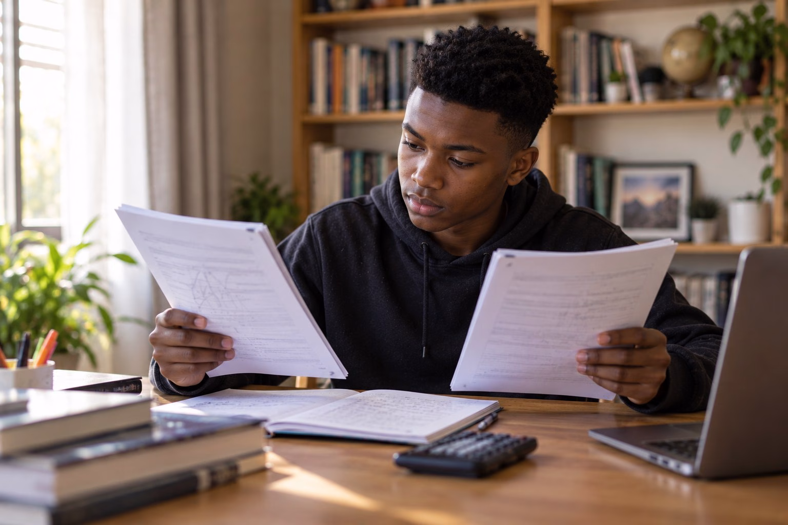 A South African Grade 12 learner at his desk holding two examination papers side by side, comparing them, with a bookshelf behind him