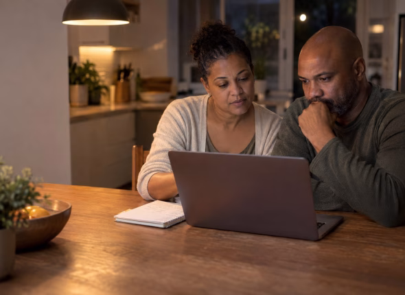 A South African mother and father sitting together at a kitchen table in the evening, discussing options on a laptop with a notebook beside them