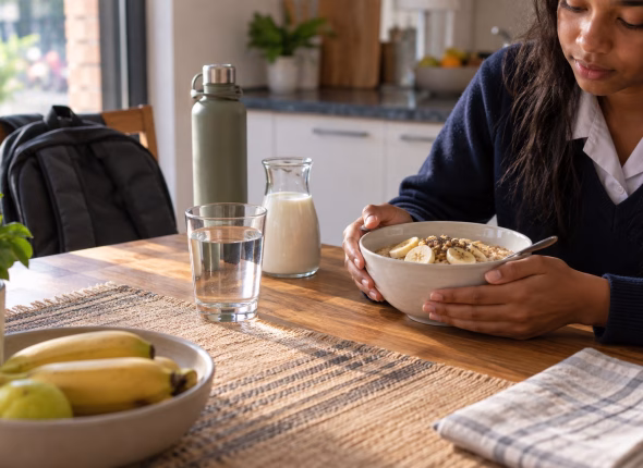 A South African learner in school uniform holding a bowl of oats with sliced banana at the kitchen table, with water, milk and a school bag beside her
