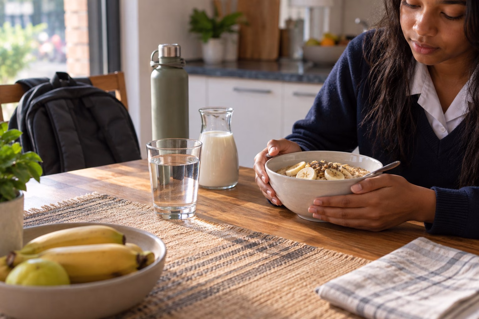 A South African learner in school uniform holding a bowl of oats with sliced banana at the kitchen table, with water, milk and a school bag beside her
