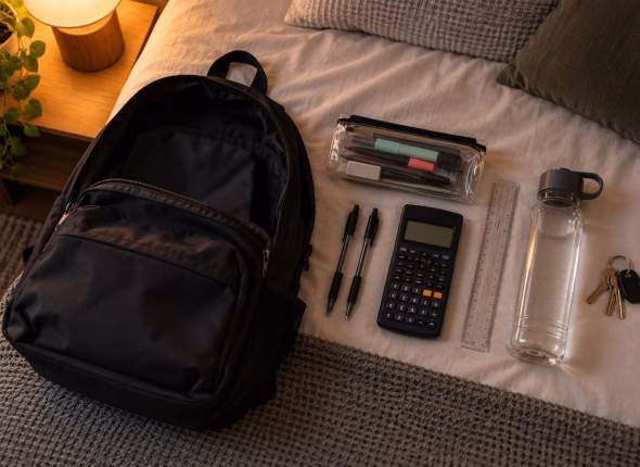 An overhead view of a school bag packed the night before an examination with pens, a clear pencil case, a scientific calculator, a ruler, a water bottle and keys laid out beside it