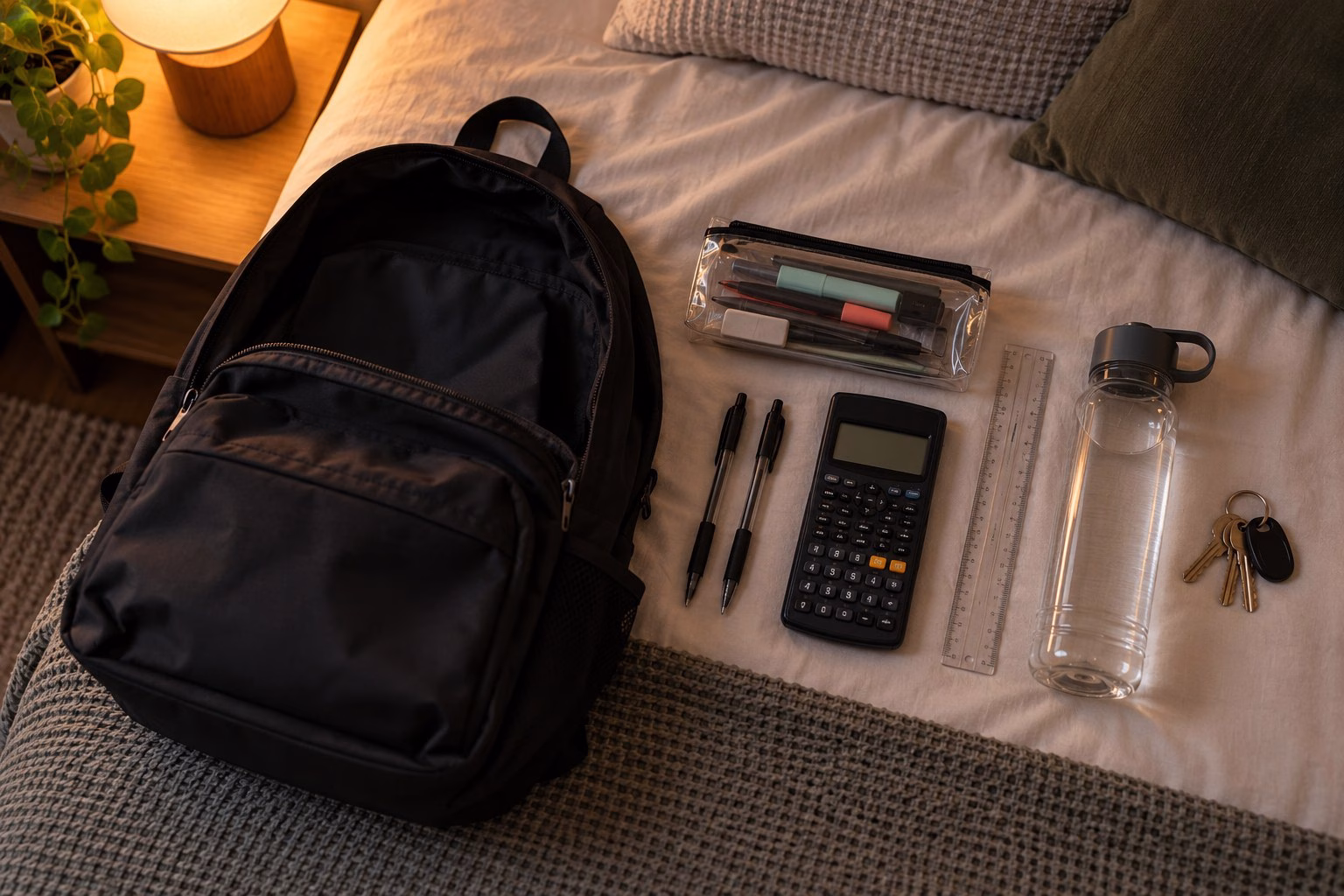 An overhead view of a school bag packed the night before an examination with pens, a clear pencil case, a scientific calculator, a ruler, a water bottle and keys laid out beside it