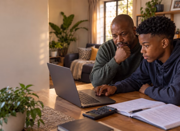 A South African father and his teenage son sitting together at a home desk, looking at tutor profiles on a laptop, with a scientific calculator and open exercise book beside them