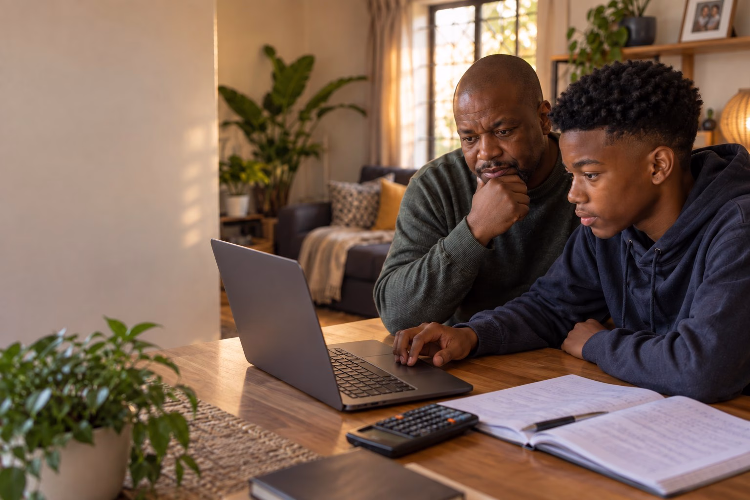 A South African father and his teenage son sitting together at a home desk, looking at tutor profiles on a laptop, with a scientific calculator and open exercise book beside them