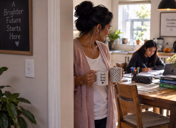 A South African mother standing in the kitchen doorway holding two mugs, looking across at her daughter who is studying at the kitchen table