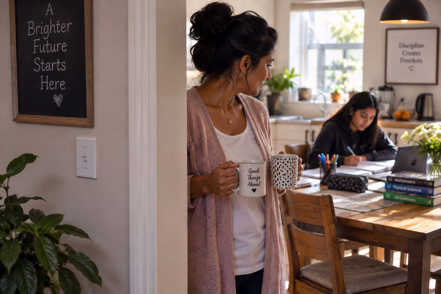 A South African mother standing in the kitchen doorway holding two mugs, looking across at her daughter who is studying at the kitchen table