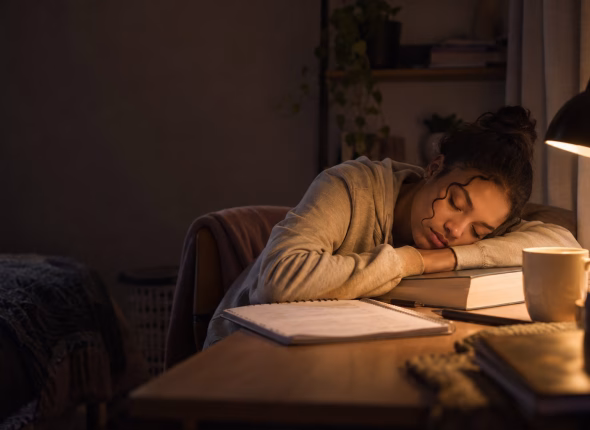 A South African Grade 12 learner asleep at her desk late at night with her head on a closed textbook and the desk lamp still on