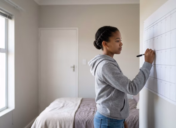 A South African learner marking study dates on a wall planner while preparing for the matric exam timetable 2026