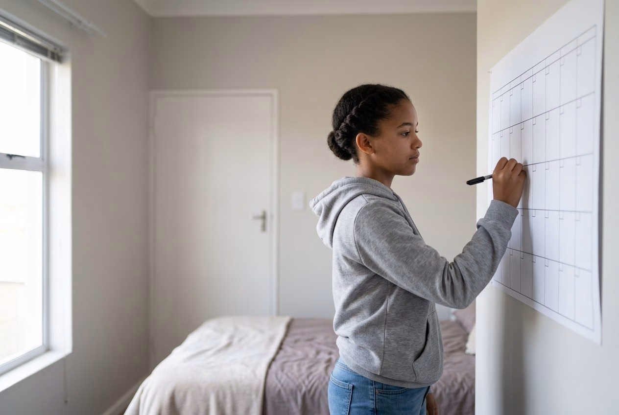 A South African learner marking study dates on a wall planner while preparing for the matric exam timetable 2026