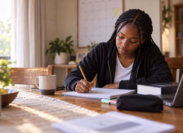 A South African Grade 12 learner writing her four-week matric study plan in a notebook at the dining table, with a wall calendar behind her