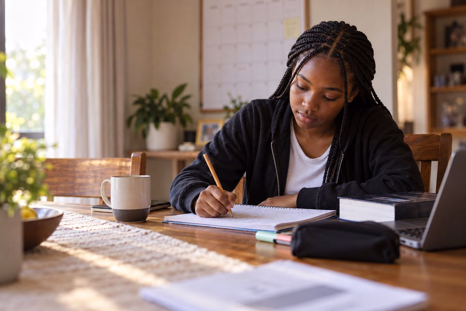 A South African Grade 12 learner writing her four-week matric study plan in a notebook at the dining table, with a wall calendar behind her