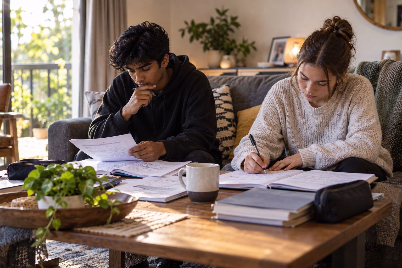 Two South African Grade 12 learners revising side by side on a couch at home, each working through their own papers and notes