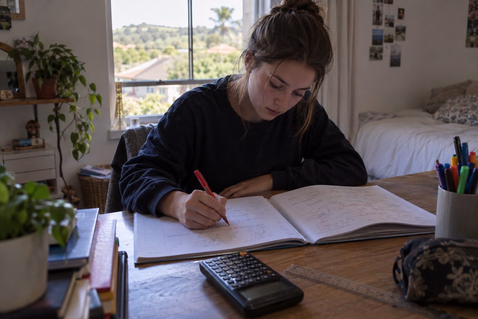 A South African Grade 12 learner correcting her mathematics working in red pen, with a scientific calculator, ruler and coloured pens on the desk