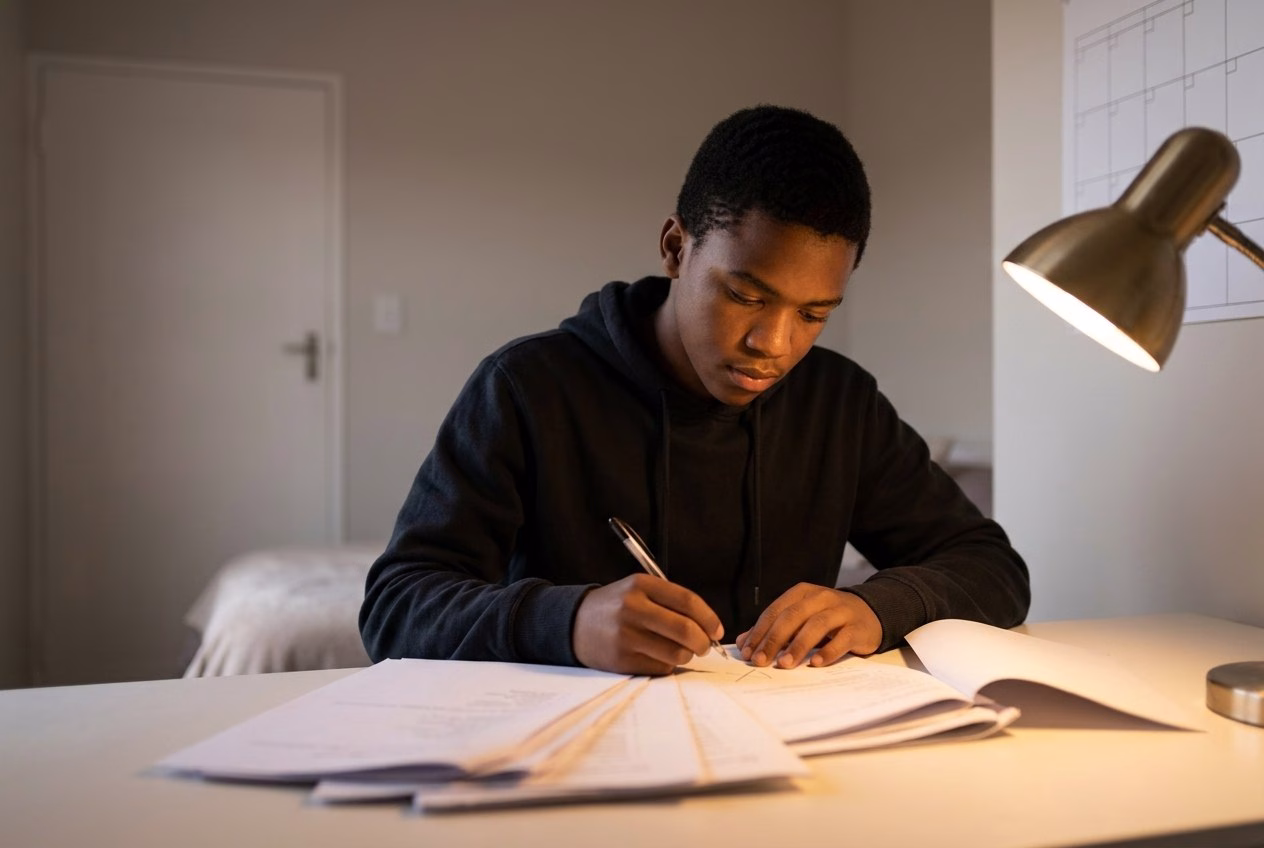 A South African matric learner working through past examination papers at a desk by lamplight