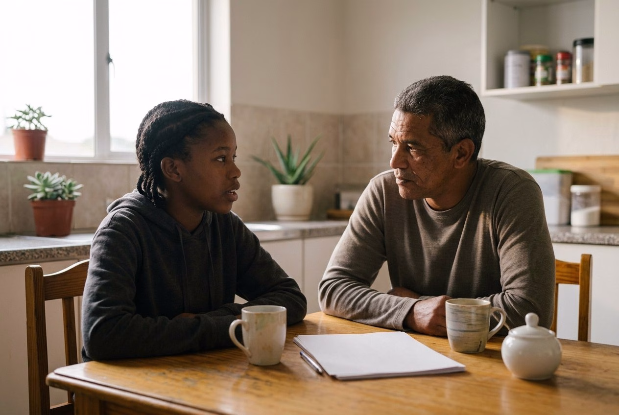 A South African father and his teenage daughter talking at the kitchen table about what to do after her matric results