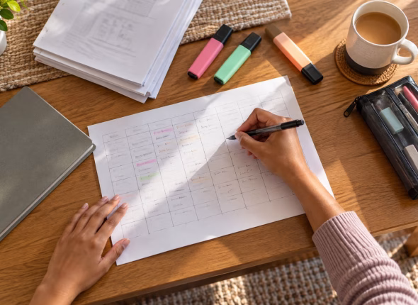An overhead view of a hand filling in a hand-drawn revision timetable grid on a large sheet of paper, with highlighters, past papers and a mug on the table