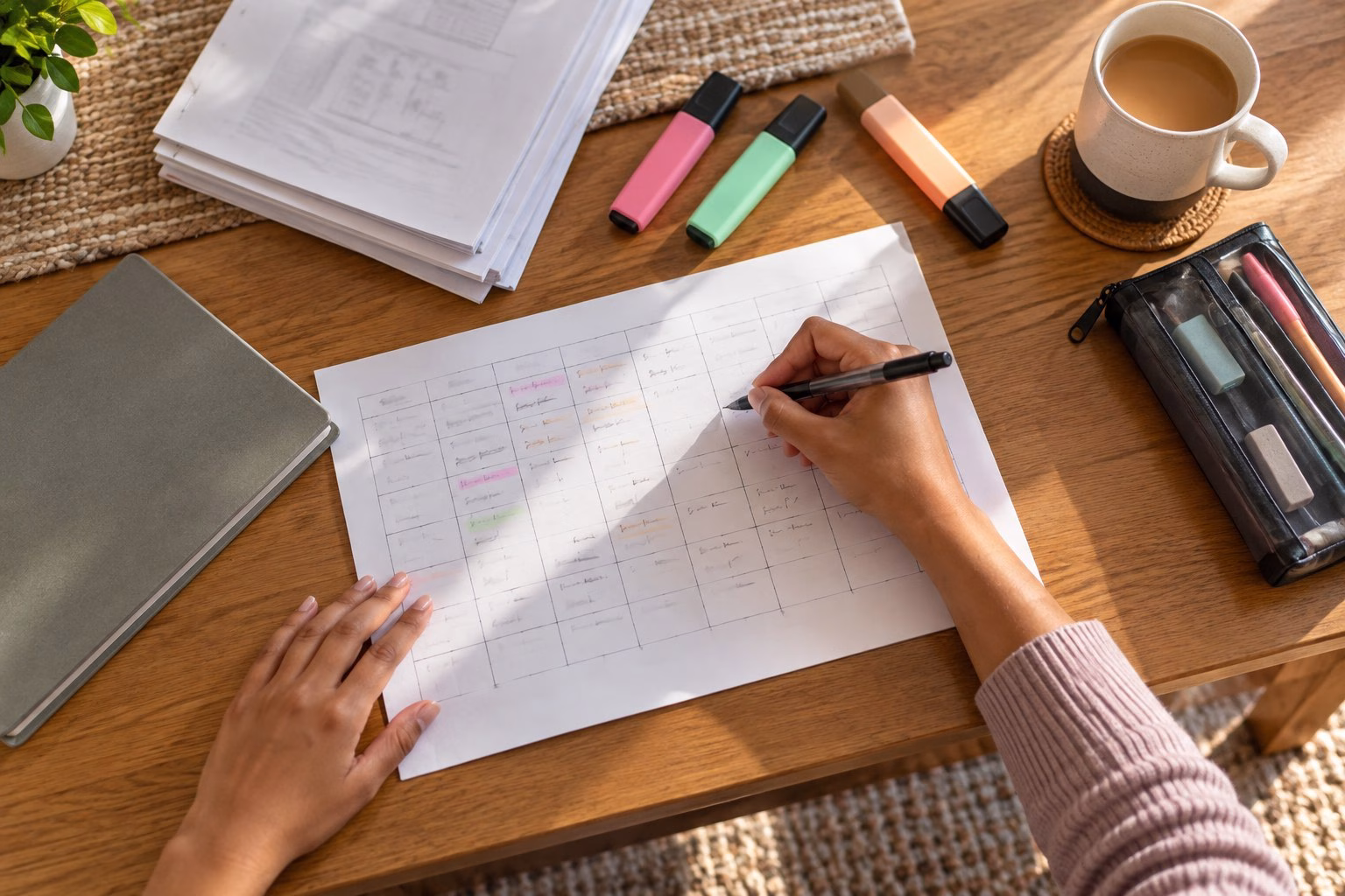An overhead view of a hand filling in a hand-drawn revision timetable grid on a large sheet of paper, with highlighters, past papers and a mug on the table