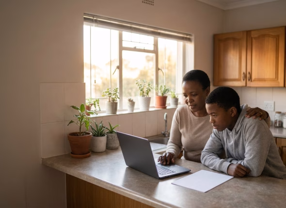 A South African mother and her teenage son checking matric rewrite 2027 registration details on a laptop at their kitchen counter