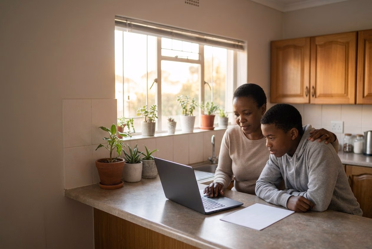 A South African mother and her teenage son checking matric rewrite 2027 registration details on a laptop at their kitchen counter
