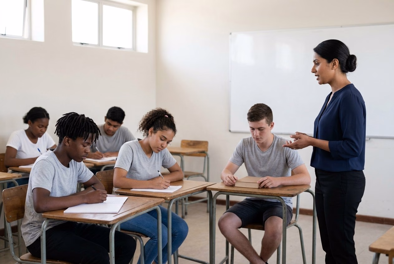 A teacher explaining a lesson to a small group of South African matric rewrite learners