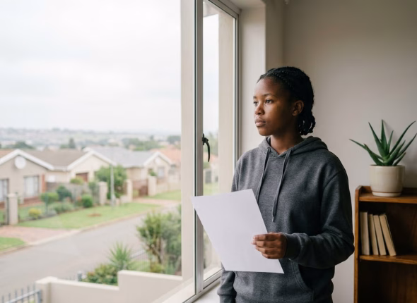 A South African matric candidate holding her results and considering her options after the February and March supplementary examination was phased out