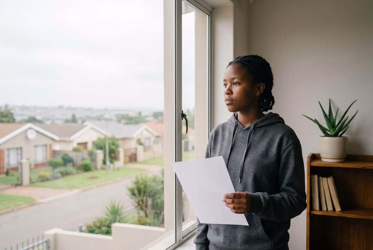A South African matric candidate holding her results and considering her options after the February and March supplementary examination was phased out