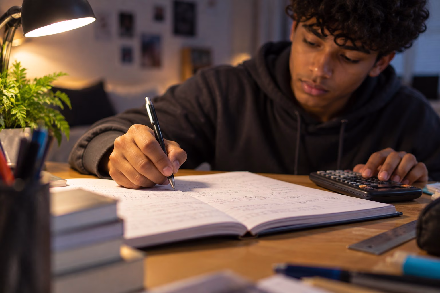 A South African Grade 12 learner working a mathematics problem by hand in an exercise book under a desk lamp, one hand on a scientific calculator