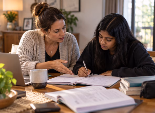 A tutor sitting beside a South African Grade 12 learner at a dining table, explaining a point with her hand over the open exercise book while the learner writes