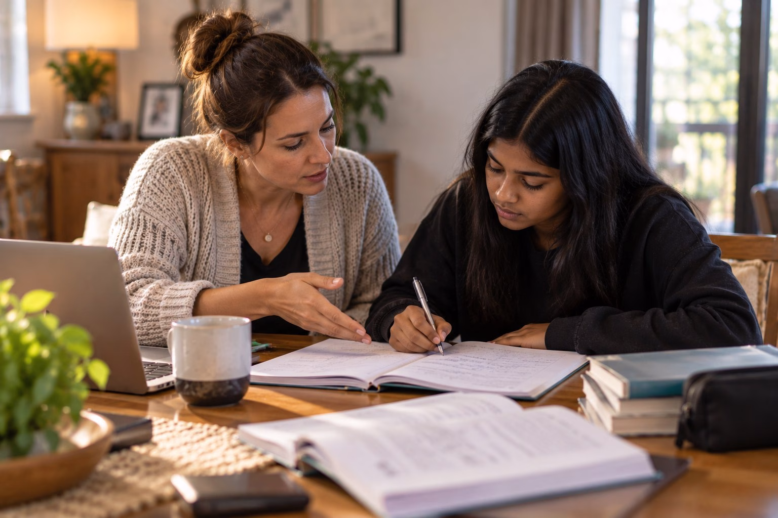A tutor sitting beside a South African Grade 12 learner at a dining table, explaining a point with her hand over the open exercise book while the learner writes