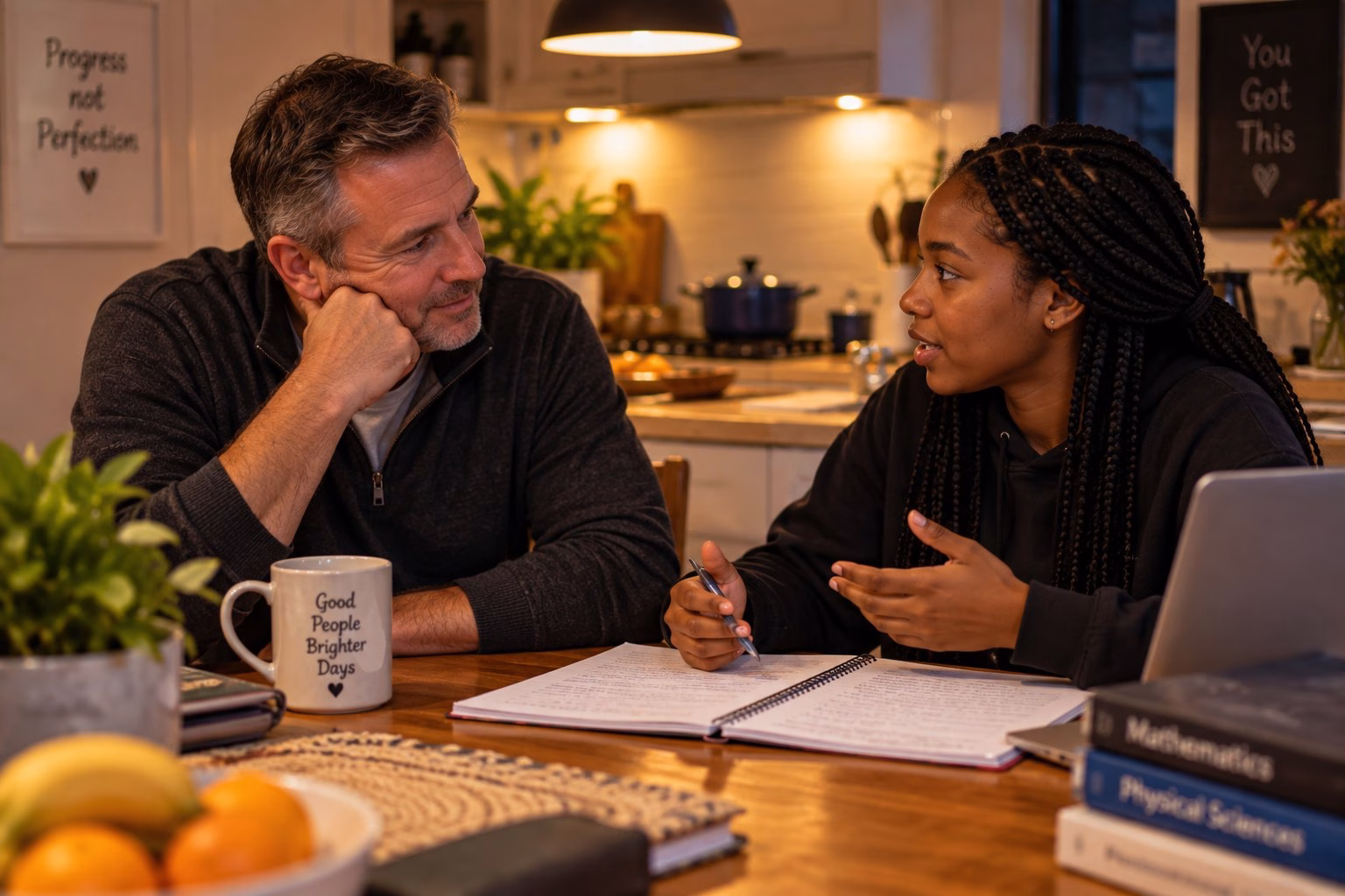 A South African father listening to his teenage daughter as she talks through her exam plan at the kitchen table in the evening, a notebook open between them
