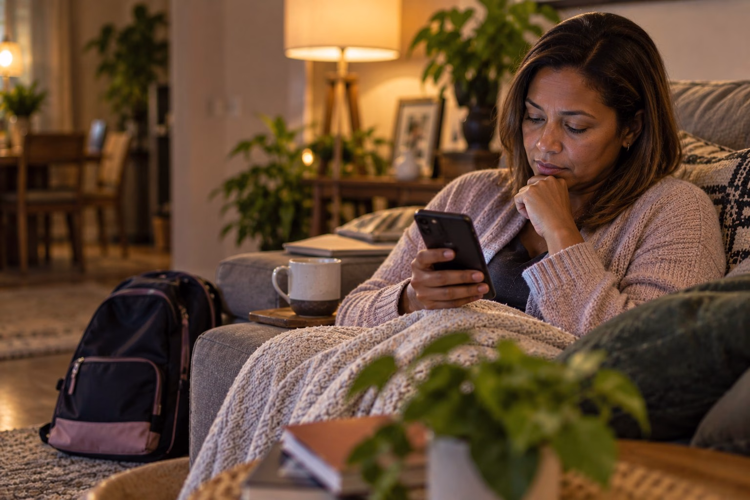 A South African mother sitting on a sofa in the evening reading tutor profiles on her phone, her daughter's school bag on the floor beside her