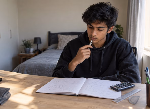 A South African Grade 12 learner revising Physical Sciences at a desk with an open exercise book of hand-drawn diagrams, a scientific calculator and a protractor