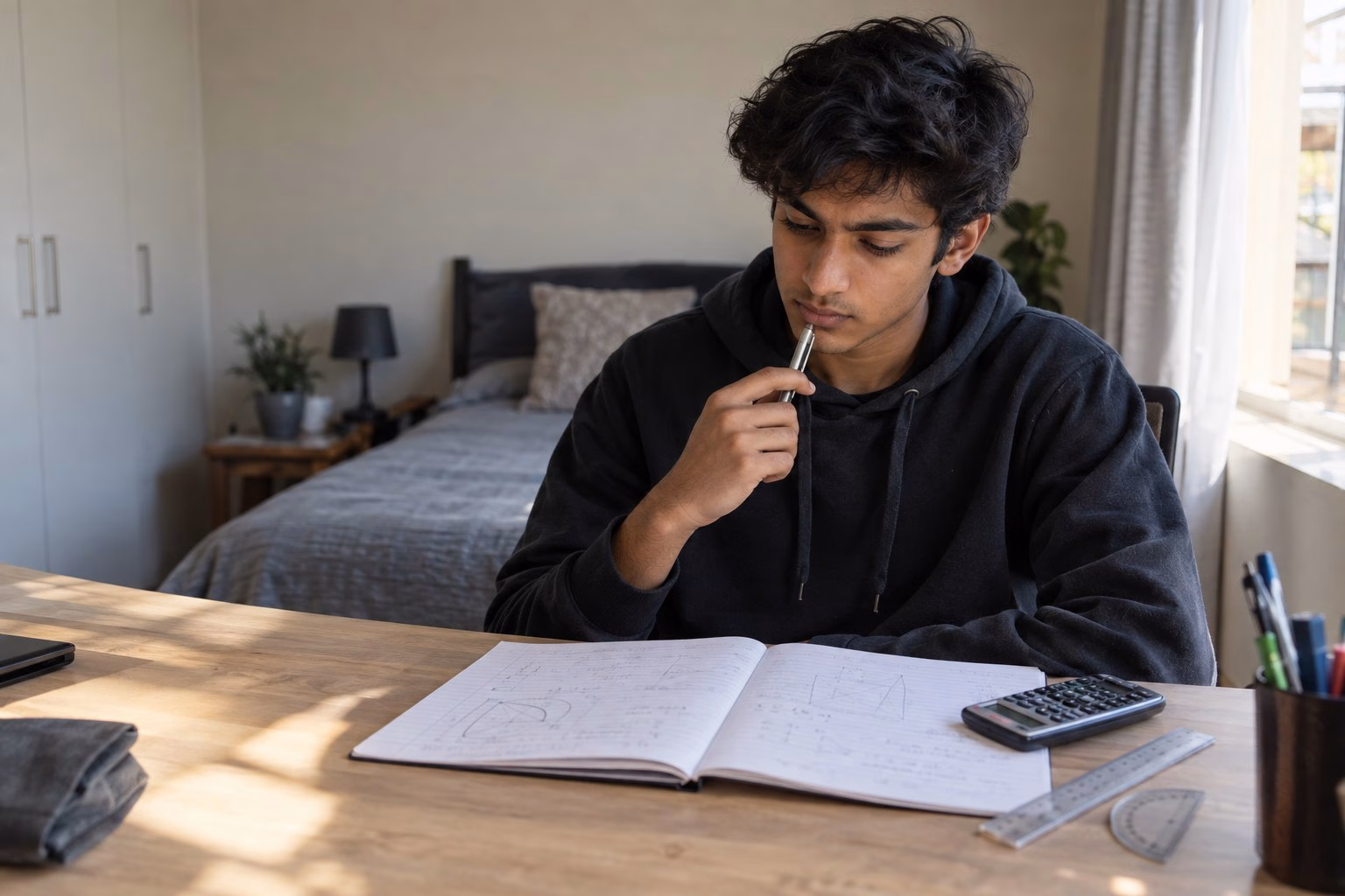 A South African Grade 12 learner revising Physical Sciences at a desk with an open exercise book of hand-drawn diagrams, a scientific calculator and a protractor